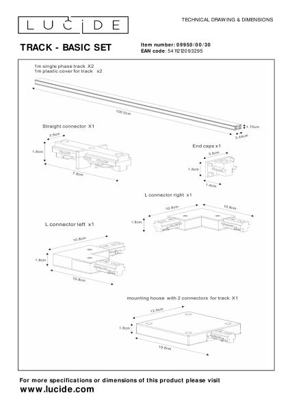 Lucide TRACK Kit de démarrage - Système de rail monophasé / Éclairage sur rail - 2 Mètres - 220V - Noir - technique